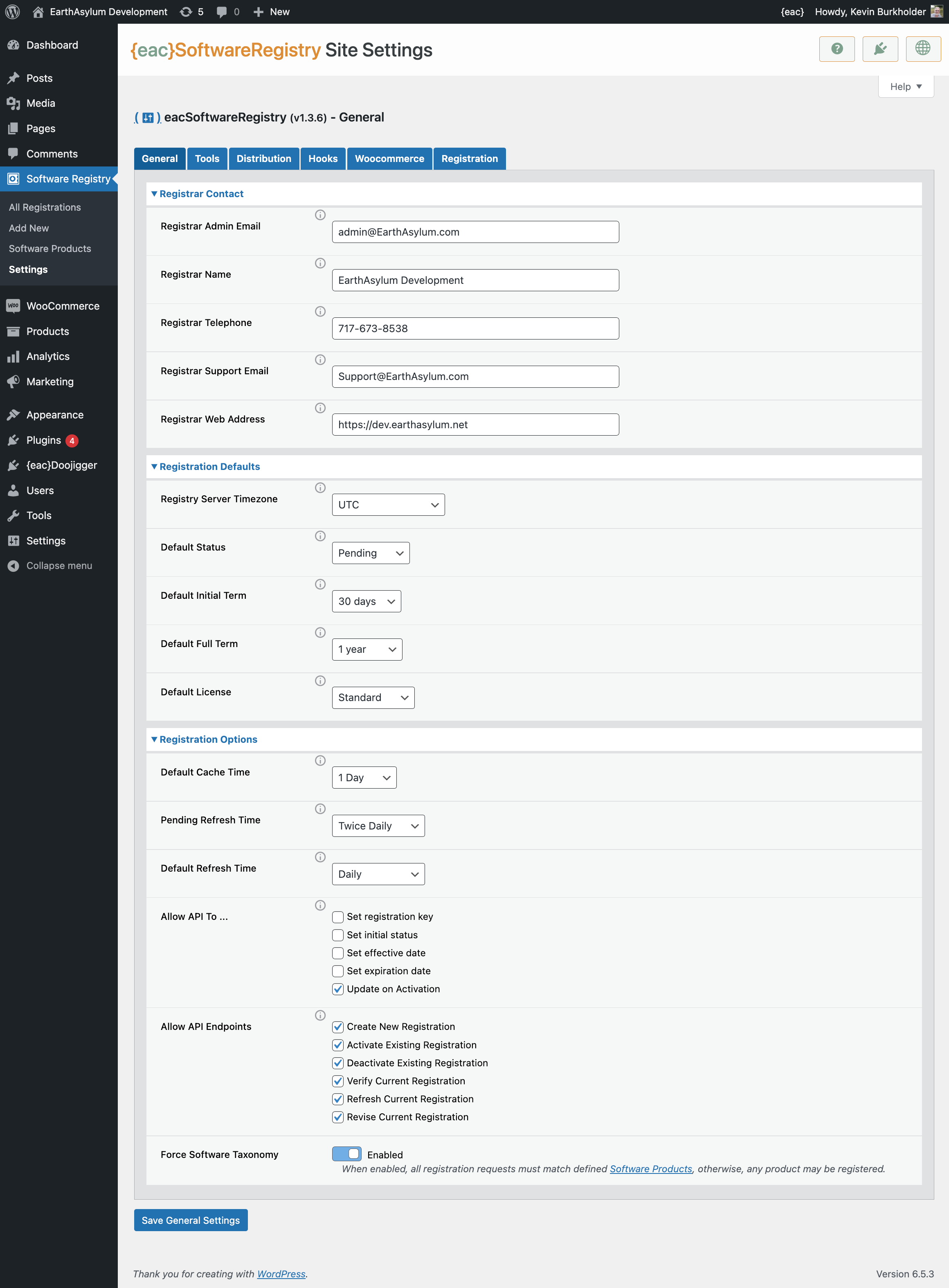 {eac}SoftwareRegistry General Settings